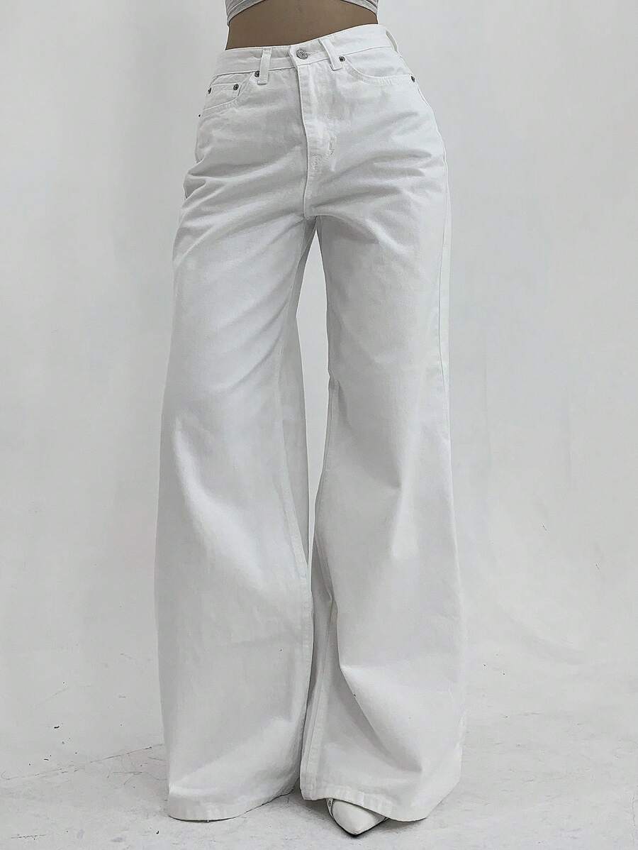 DAZY Quần Jeans Ống Rộng Đơn Giản Túi Cài Nút Phía Trước Cho Nữ - trắng - Xem 1