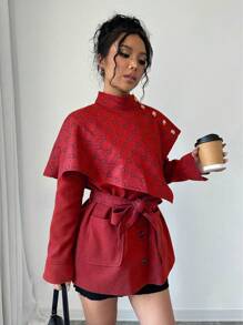 Elenzga Abrigo poncho simple estampado con cuello alto para mujer, uso casual de todos los días