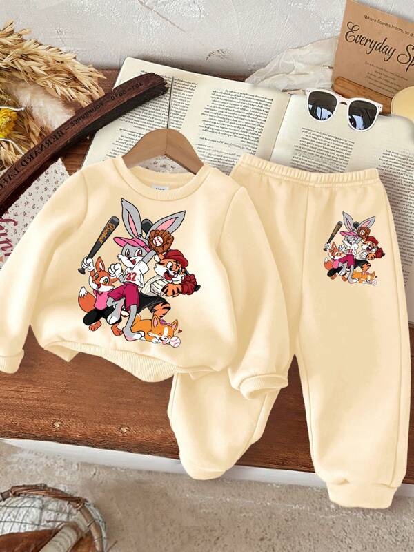 SHEIN Conjunto de sudadera con capucha y pantalones de chándal con estampado de dibujos animados informal para bebé niña, grueso para otoño/invierno
