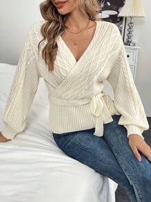 SHEIN LUNE V-Neck Cinched Waist Design Slim Fit Pullover Sweater For Women