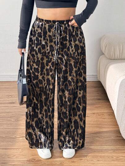 SHEIN EZwear Plus Size Women Velvet Leopard Print Casual High Waist Wide Leg Pants With Pockets, Versatile For Everyday Wear