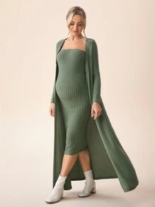 SHEIN Olive Ribbed Sleeveless Dress With Cardigan Maternity 2 Pieces Set, Autumn - Green - View 4