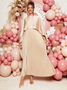 Loomaby Maternity Solid Color Round Neck Pleated Shawl Collar Dress, For Baby Shower Party - Khaki - View 7