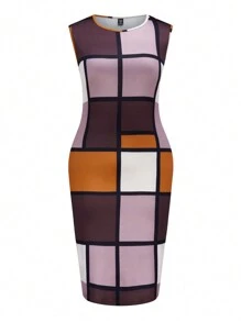 Plus Size Casual Plaid Print Long Sleeve Jacket And Round Neck Sleeveless Dress Set Fall Cloth For Women - Multicolor - View 4