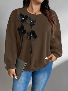 SHEIN Unity Plus Size Women 3D Floral Decor Crew Neck Casual Sweatshirt, Autumn Pullover Fall - Coffee Brown - View 4