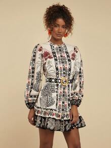 Travachic All-Over Print Round Neck Ruffle Lantern Sleeve Long Sleeve Dress - Multicolor - View 4