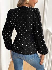 SHEIN Frenchy Women's Bow Decor Simple Long Sleeve Polka Dot Shirt, Casual Everyday Wear,Women Costumes,Women's Casual Long Sleeve With Front Bow,Women Costumes,Fall,Commute,Minimalist,Office,Old Money