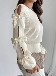 Firerie 女士蝴蝶结镂空插肩袖毛衣连衣裙 - 白色 - 查看 3