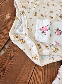 SHEIN 2 Stücke Baby Mädchen Herbst/Winter Lässige bequeme elegante französische Blumen Rüschen Romper Set, hochwertig effektives Outfit, hautfreundlicher weicher Stoff