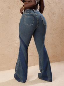 Slaydiva Women's Fashion Color Block Skinny Flare Jeans - Blue - View 3