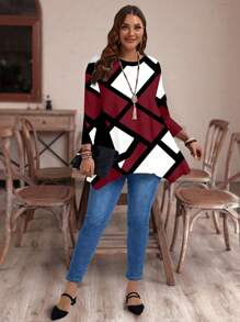 Mellowie Casual Minimalist Asymmetrical Hem Round Neck Geometric Line Pattern Full-Width Print Loose Fit Long Sleeve T-Shirt, Suitable For Autumn & Winter, Plus Size Autumn And Winter