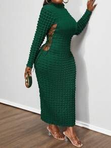 Maweii Plus Size Women Long Sleeve Bodycon Dress, High Collar With Drawstring Hollow Out Ruched Midi Dress Maxi Women Outfit - Dark Green - View 4