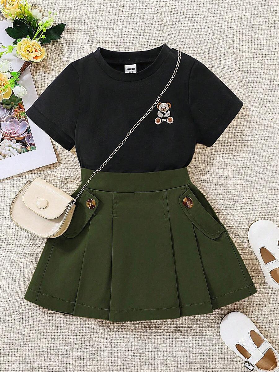 SHEIN Conjunto informal de 2 piezas para niña: Camiseta de manga corta con cuello redondo y estampado de oso de dibujos animados, talla grande falda mini plisada - Multicolor - Ver 1