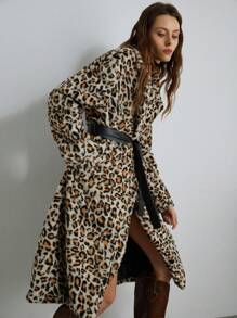 SHEIN Privé 蓬松豹纹皮带夹克，时尚法式猎豹印花 - 彩色 - 查看 1