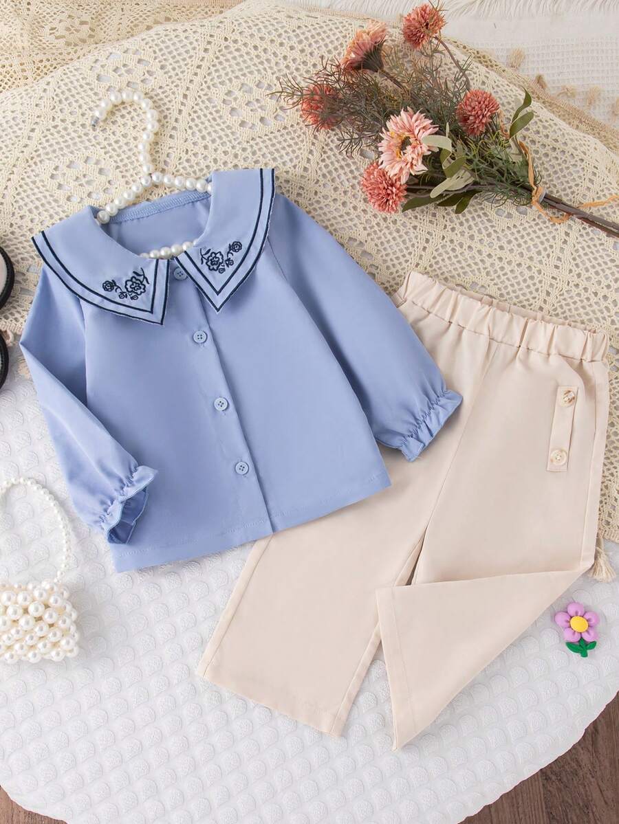 女婴花卉刺绣荷叶边领长袖衬衫和裤子休闲装，秋季 - 彩色 - 查看 1