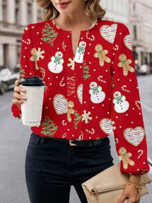 Glamance Polina Brazil Women Red Blouses Long Sleeve Notched Casual Christmas,Geometric,Plain Summer Outfits For Women Summer Tops Going Out - Red - View 2