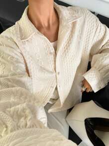 DAZY Women Solid Color Front Buttoned Casual Long Sleeve Blouse - Beige - View 4