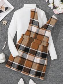 SHEIN طقم يتكون من تي شيرت أساسي بياقة عالية وأكمام طويلة ، وتنورة كاجوال بنمط البوليستر على شكل أربطة معلقة مناسب للمراهقات، موسم الخريف - متعدد الألوان - مشاهدة 2