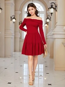 1 pezzo Abito lungo a maniche lunghe e spalle scoperte per ragazze giovani/adolescenti, design dolce ed elegante, adatto per l'autunno, per Natale - Bordò - Visualizzare 4