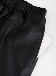 Sweetra Women's Casual Simple Versatile Black High-Quality PU Low-Waist Straight Loose Pants, Autumn/Winter - Black - View 4