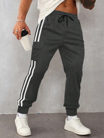 Aesthetic Post Randiga joggingbyxor med sidoflik och dragsko i midjan för män, presenter till make och pojkvän