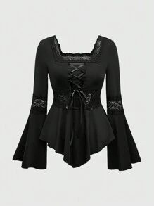 ROMWE Goth 哥特式蕾丝收腰不对称下摆喇叭袖女式衬衫，情人节 - 黑色 - 查看 3