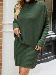 EMERY ROSE Bộ 2 áo len cổ lọ cho nữ, áo vest và váy, trang phục dệt kim màu trơn thường ngày cho mùa thu/đông - màu xanh lá - Xem 1