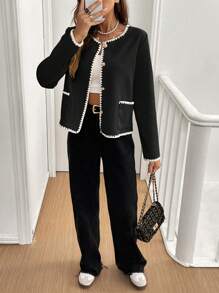 SHEIN Frenchy Autumn Casual Color Block Trimmed Double Pockets Jacket Winter Black Elegant Spring - Black - View 5