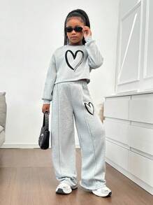 SHEIN Tween Girl 宽松手绘心形印花套头衫和褶皱运动裤 2 件套，休闲家居、户外、学校，灰色 - 灰色 - 查看 3
