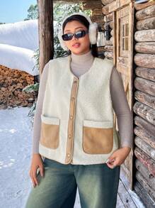 SHEIN EZwear Plus Size Colorblock Furry Lapel Buttoned Front Pockets Sleeveless Jacket, Autumn/Winter Fall - Multicolor - View 5