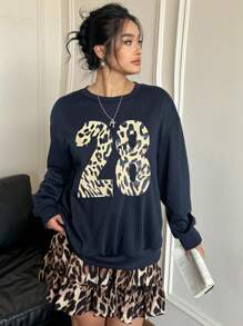 POPSWAY 2pcs/Set American Cool Girl Style Leopard Print & Digit Graphic Sweatshirt With Matching Leopard Skirt