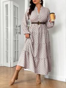 SHEIN Frenchy Váy cổ đứng nhiều lớp viền xếp nếp cỡ lớn, mùa thu, váy xếp nếp, tiền cũ, váy trang trọng - Cà phê nâu - Xem 4