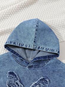 2pcs Tween Girls Casual Retro Fashion Embroidered Fringed Butterfly Hooded Sweatshirt And Comfortable Denim Shirt, New Collection 2024