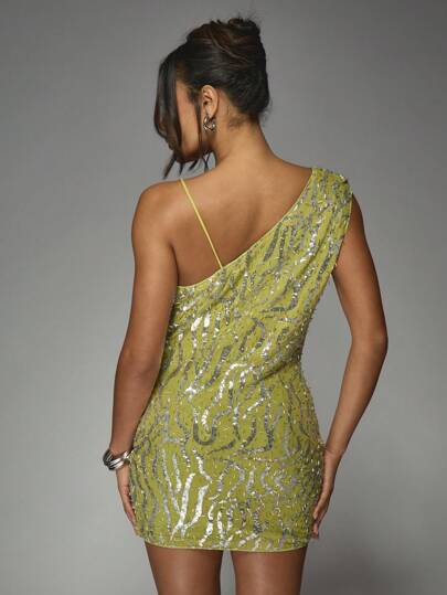 MISSGUIDED Evening Party Sleeveless Sequin Mini Dress Asymmetric Shoulder Plunge Neckline Cowl Draped Club Holiday Celebration Formal Glam,L