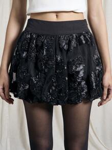 AiiRZ Floral Textured Fabric Bubble Hem Mini Skirt - Black - View 4