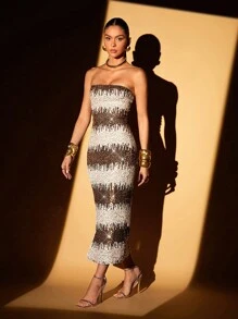 SHEIN SXY Prom Dress;Spring Summer Swimsuit Swimwear Swim Vacation Bohemian BOHO Sea Beach Hot Outdoor Richly Layered Wedding Season Banquet Coming Of Age Ceremony Beach Seaside Festival Old Money Wedding Engagement Coming Of Age Ceremony Lumalex Elegant Women Maxi Long Pearl Embellished Dress, Suitable For Autumn/Winter - Black - View 8