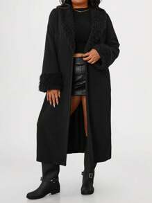 Calvaya 女士优雅长款羊毛领大衣，秋冬 - 黑色 - 查看 4