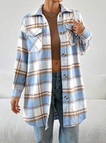 SHEIN Essnce 女士格子印花纽扣口袋休闲长袖常规夹克 - 淺藍色 - 查看 5