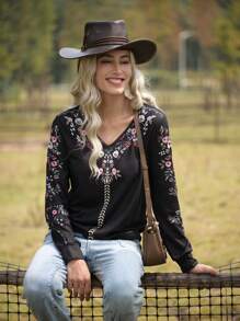 LanaWest Camiseta holgada de manga larga con cuello en V y estampado floral para mujer, camisetas gráficas de otoño para mujer para primavera - Negro - Ver 3