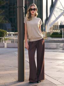 BizChic Women's Casual Solid Color Stand Collar Short Sleeve Knit Top, Autumn - Grey - View 2