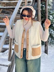 SHEIN EZwear Plus Size Colorblock Furry Lapel Buttoned Front Pockets Sleeveless Jacket, Autumn/Winter Fall - Multicolor - View 6