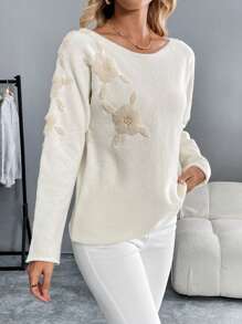 SHEIN LUNE 1pc Women Floral Embroidery Crewneck Long Sleeve Casual Top, Everyday Wear