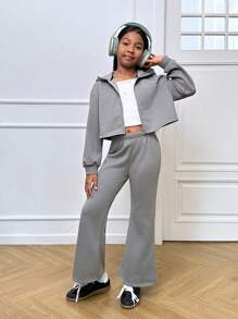SHEIN 青少年女孩休闲针织连帽衫和运动裤套装 - 深灰色 - 查看 1