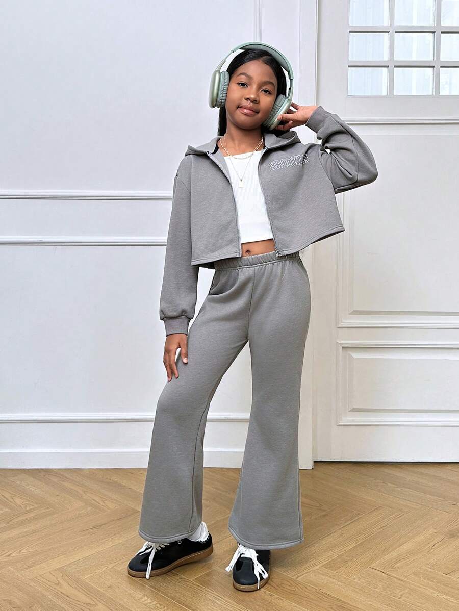 SHEIN 青少年女孩休闲针织连帽衫和运动裤套装 - 深灰色 - 查看 1