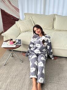 SHEIN 2pcs/Set Teen Girl Cloud Pattern Crew Neck Long Sleeve Pullover Top And Pants, Soft & Comfy Flannel Pajamas, For Fall/Winter