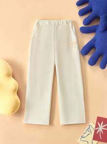 THE HAPPY LOOK Tween Girl Autumn/Winter Letter Embossed Elastic Waist Pockets Straight Loose Casual Sweatpants