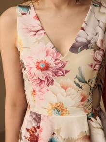 MOTF PREMIUM 花卉印花 V 领喇叭下摆中长连衣裙（无腰带）女士服装