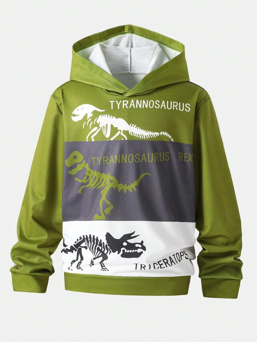 Tween Boy Casual Cute Letter & Dinosaur Print Hooded Sweatshirt, Suitable For Autumn/Winter - Green - View 1
