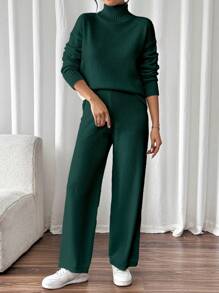 Chiquease Bộ 2 món áo len chui đầu cánh dơi cổ cao thường ngày cho nữ và quần, Thu/Đông - Màu xanh lá cây đậm - Xem 6