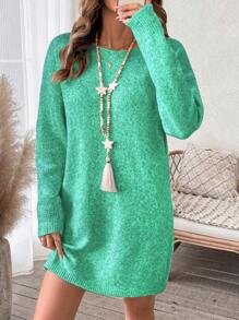 SHEIN LUNE Đầm len ngắn đơn giản cổ tròn tay dài cho nữ - màu xanh lá - Xem 1